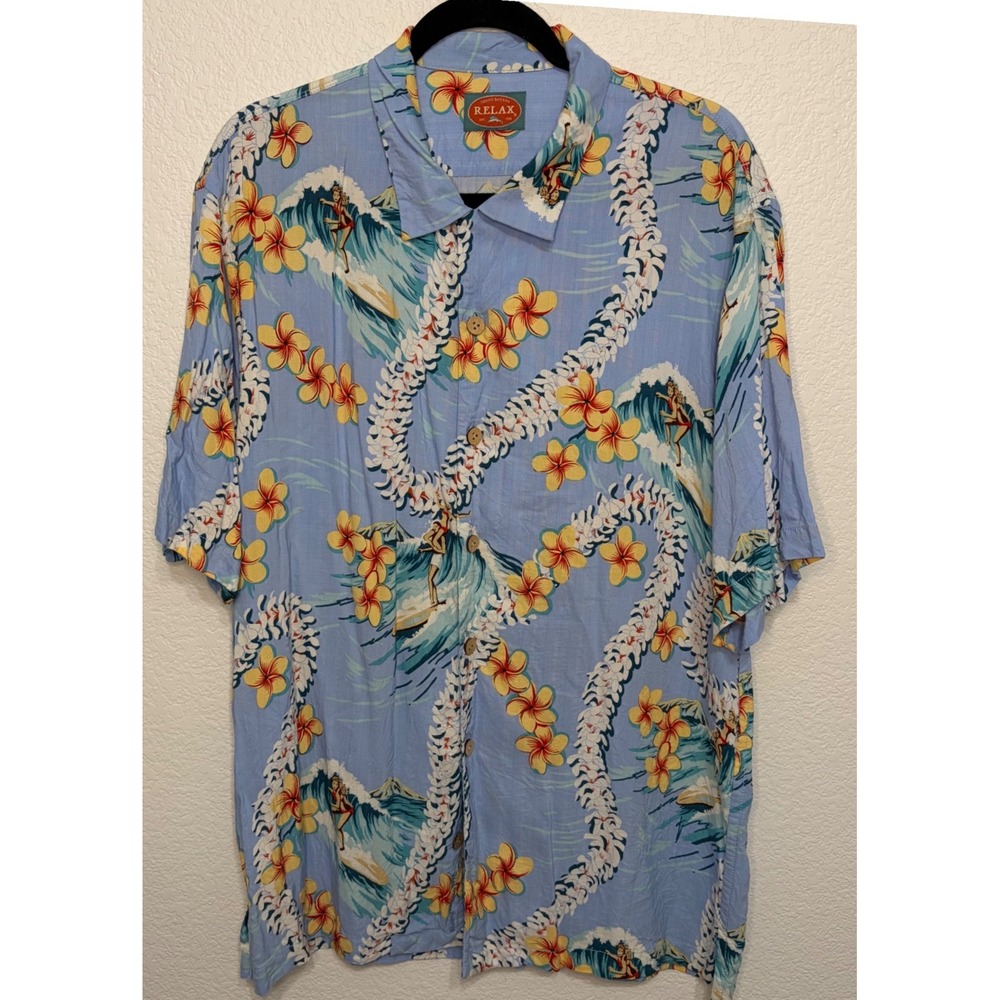 Tommy Bahama Relax Mens L Blue Hula Girl Surfer Floral Rayon Hawaiian Camp Shirt